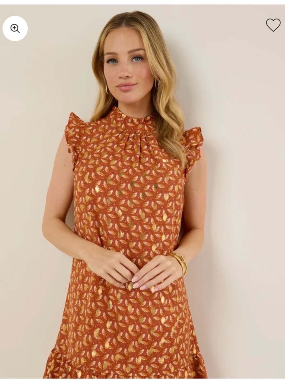 THML Judith Dress Gold Leaf and Ruffle Detail in Burnt Orange, Size Small